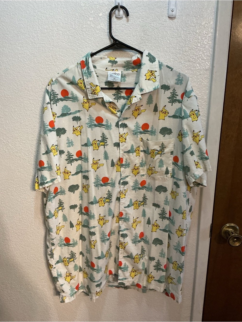 Vintage Mens Pokemon Pikachu Sunshine Woven Button Up Size 2XL